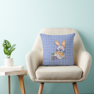 Personalized Blue Plaid Nursery Art - Bunny Throw Pillow
