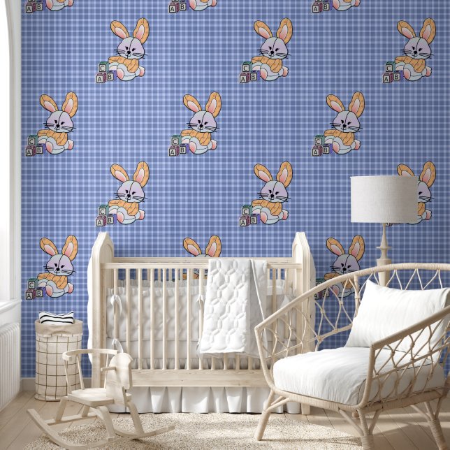 Personalized Blue Plaid Nursery Art - Bunny Wallpaper (Kids)