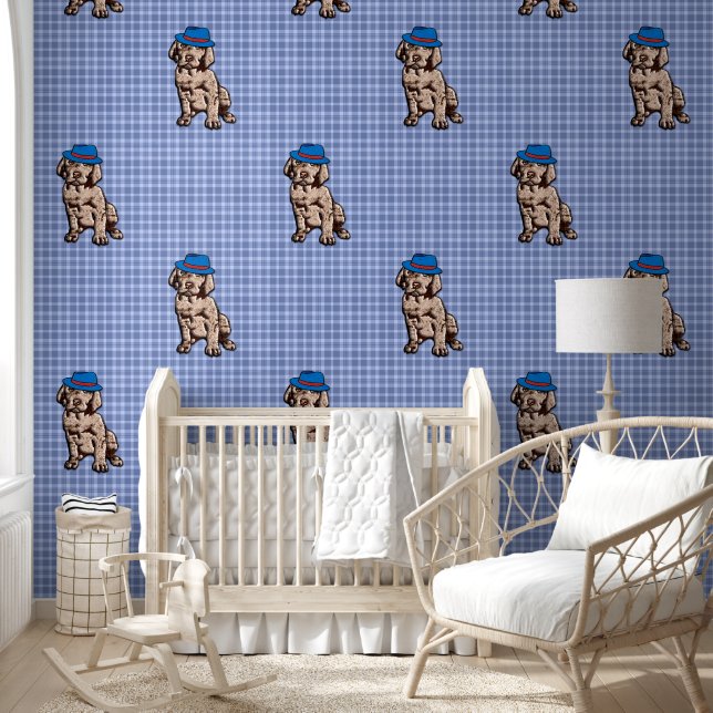Personalized Blue Plaid Nursery Art - Dog  Wallpaper (Kids)