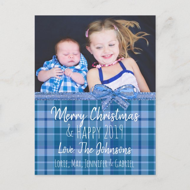 Personalized Blue Plaid Photo Christmas Card (Front)
