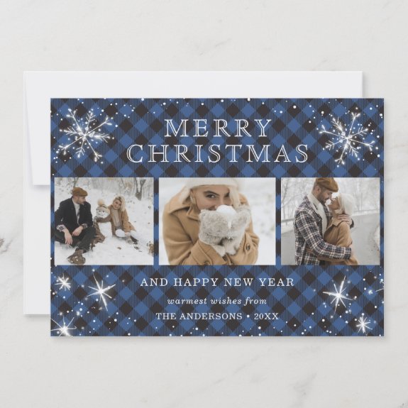 Personalized Blue Plaid Snowflake 3 Photo Collage Christmas Card
