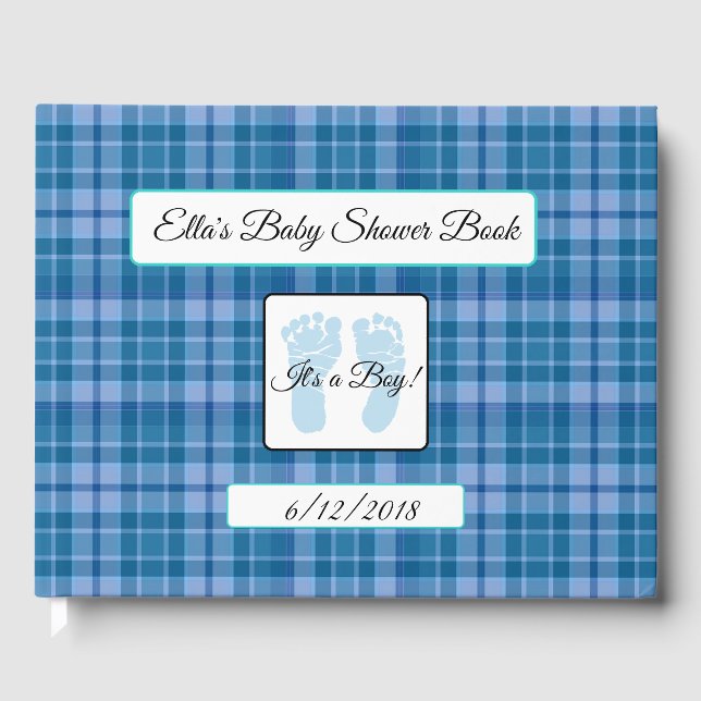 Personalized Blue Plaid Stripes Baby Shower Book (Front)