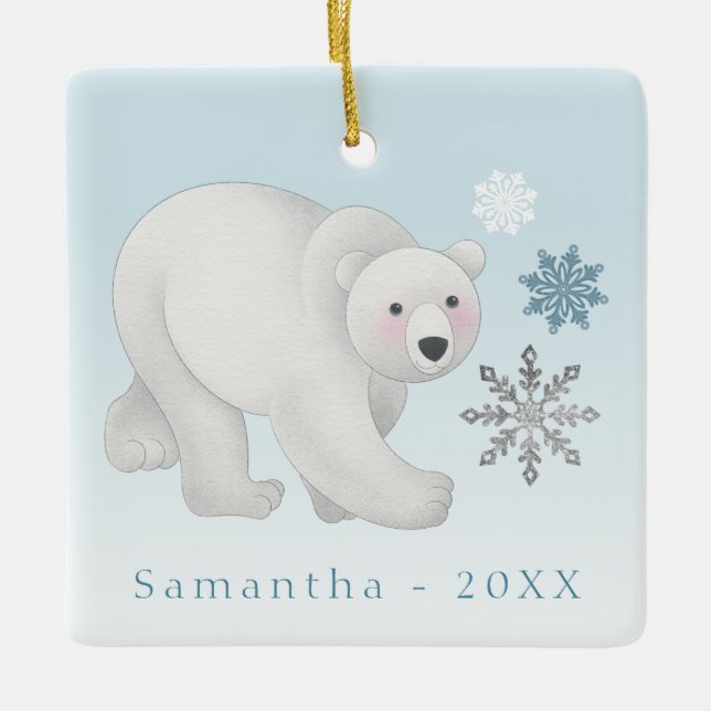 Personalized Blue Polar Bear Ceramic Ceramic Ornament (Front)