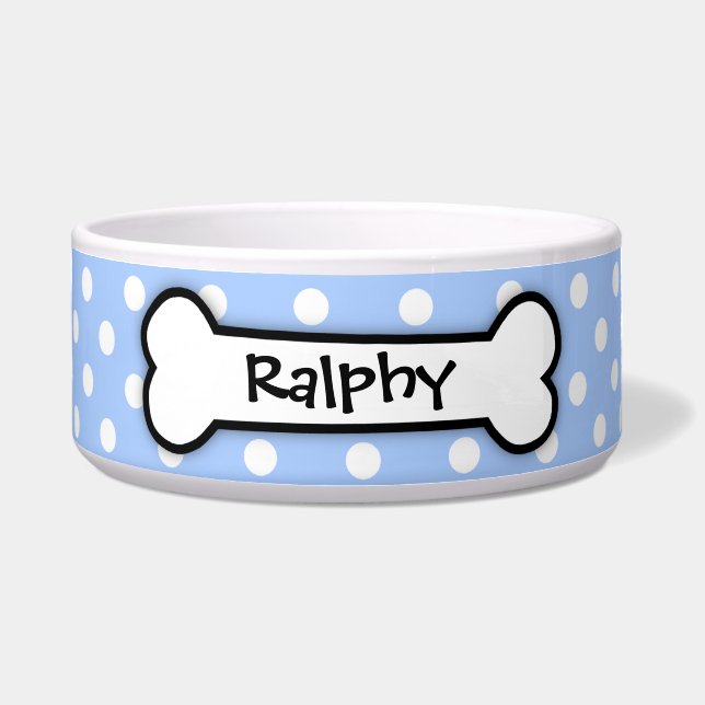 Personalized Blue Polka Dot Dog Bowl (Front)