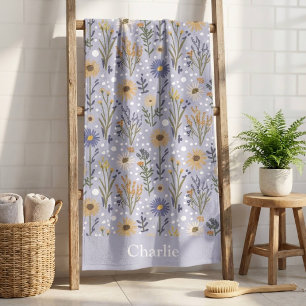 Personalized Blue Polka Dot Flower Kids Beach Towel