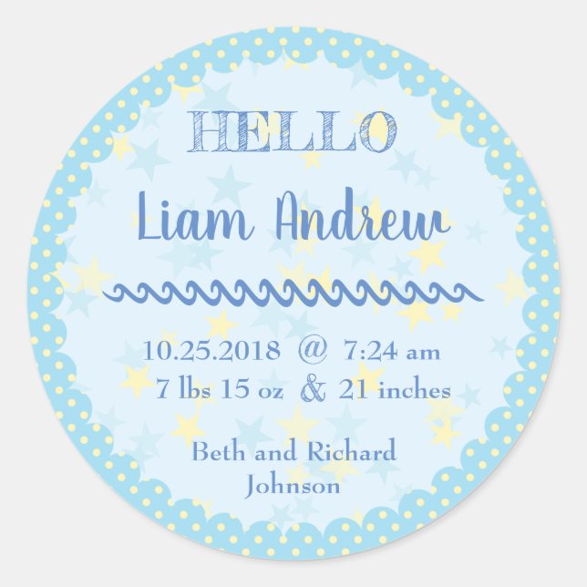 Personalized Blue Polka Dot N’ Stars Classic Round Sticker (Front)