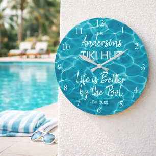 Personalized Blue Pool Family Name Tiki Hut Large Clock