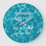 Personalized Blue Pool Family Name Tiki Hut Large Clock