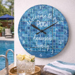 Personalized Blue Pool Water Welcome to our Pool Large Clock<br><div class="desc">Transform your family gathering with our exclusive aqua blue realistic swimming pool water background showcasing "Welcome to our Pool Anderson Family - est. 20XX -". Make this special family memento your own now by personalizing this template. For any customization support, contact us at ybnormalone@gmail.com. Thank you for visiting www.zazzle.com/Personal_Creations. ©Karen...</div>