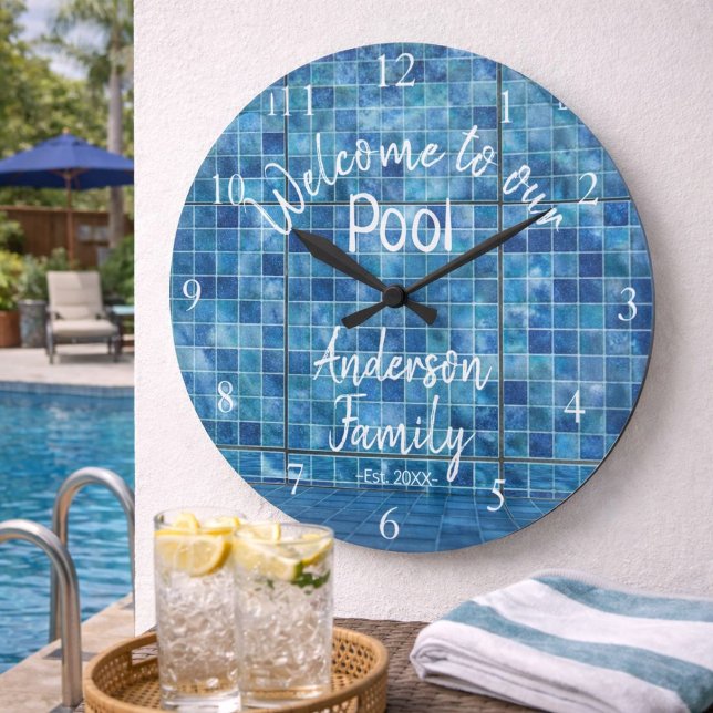 Personalized Blue Pool Water Welcome to our Pool Large Clock (Creator Uploaded)