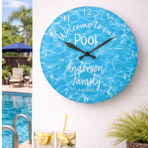 Personalized Blue Pool Water Welcome to our Pool Large Clock