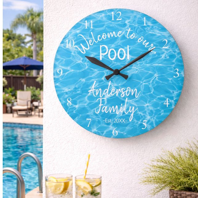 Personalized Blue Pool Water Welcome to our Pool Large Clock (Creator Uploaded)