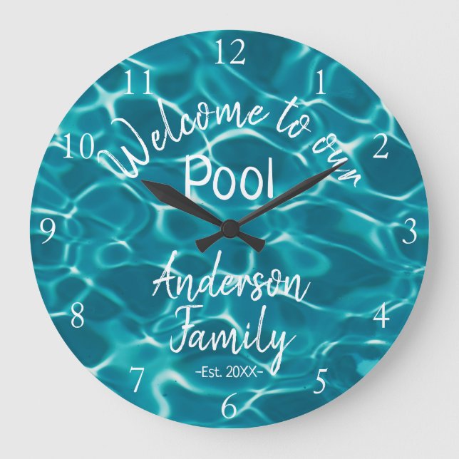 Personalized Blue Pool Water Welcome to our Pool Large Clock (Front)
