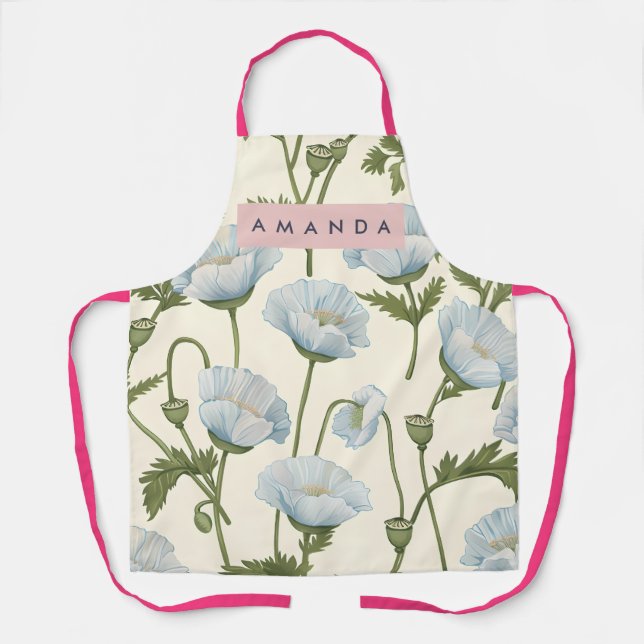 Personalized Blue Poppy Flower Style Apron (Front)