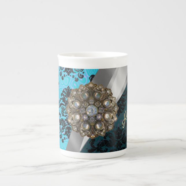 Personalized blue pretty girly damask pattern bone china mug (Front)
