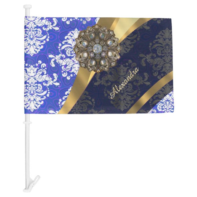 Personalized blue pretty girly damask pattern car flag (Front)