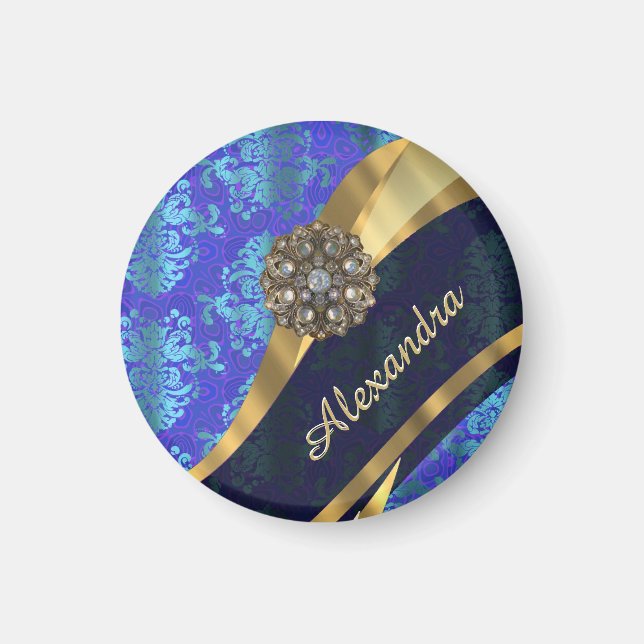 Personalized blue pretty girly damask pattern magnet (Front)