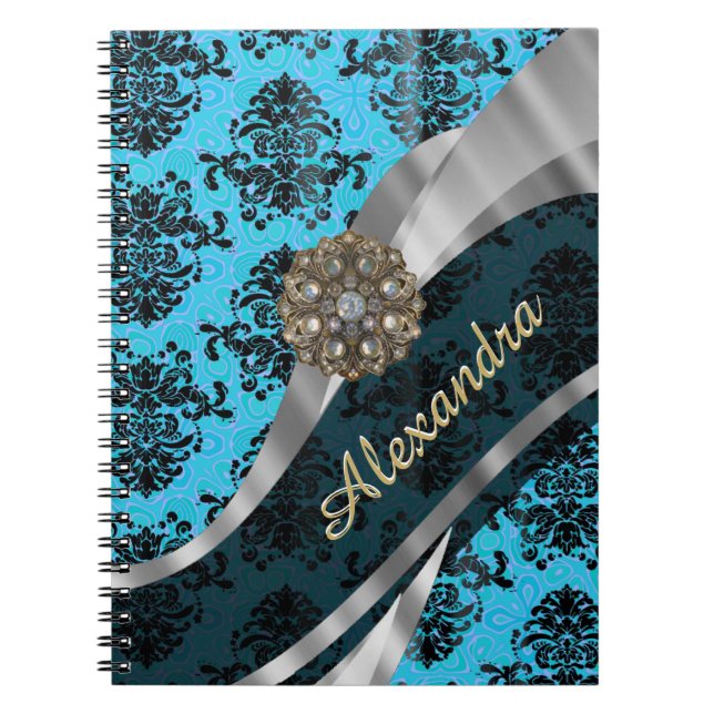Personalized blue pretty girly damask pattern notebook (Front)
