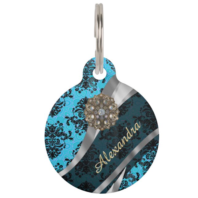 Personalized blue pretty girly damask pattern pet tag (Front)