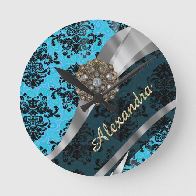 Personalized blue pretty girly damask pattern round clock (Front)