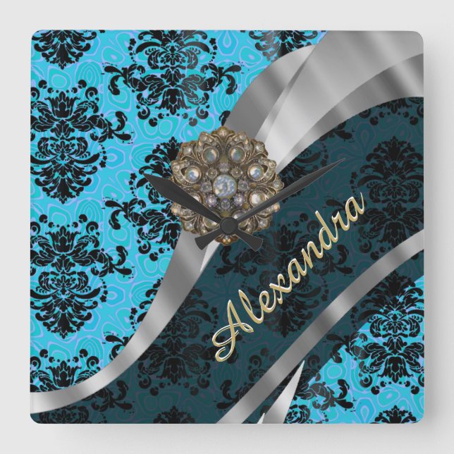 Personalized blue pretty girly damask pattern square wall clock (Front)