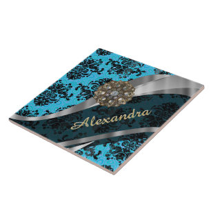 Personalized blue pretty girly damask pattern tile