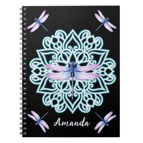 Personalized Blue Purple Dragonfly Mandala Black Notebook