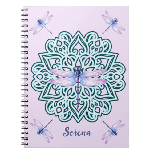 Personalized Blue Purple Dragonfly Mandala Pink Notebook