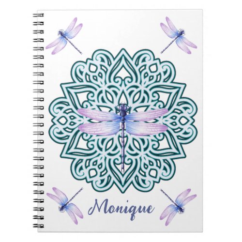 Personalized Blue Purple Mandala Dragonfly White Notebook
