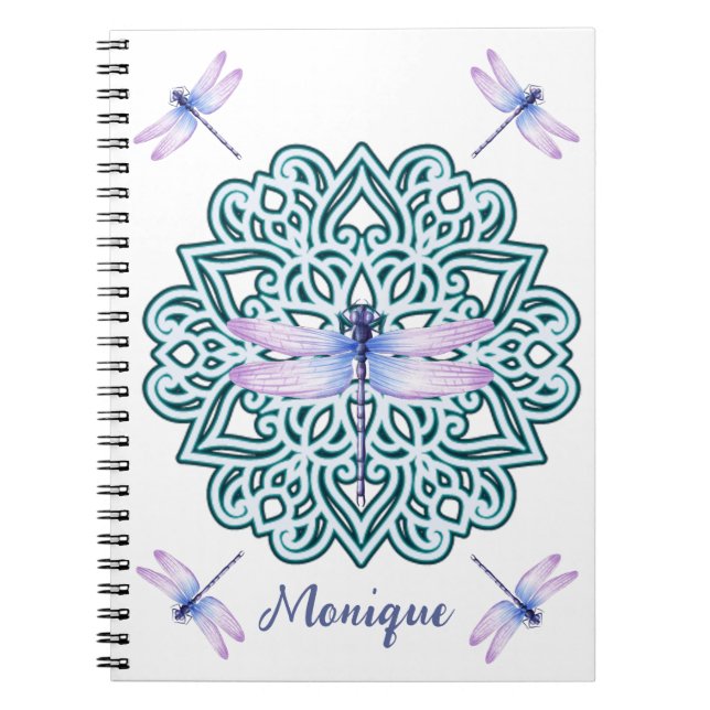 Personalized Blue Purple Mandala Dragonfly White Notebook (Front)
