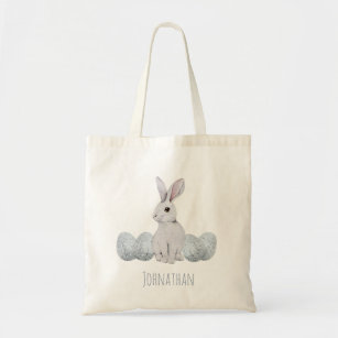 Personalized Blue Rabbit Bunny Easter Egg Hunt Tote Bag