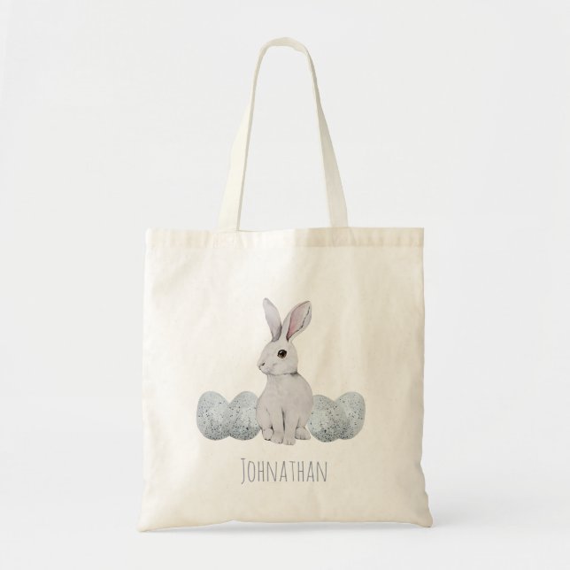 Personalized Blue Rabbit Bunny Easter Egg Hunt Tote Bag (Front)