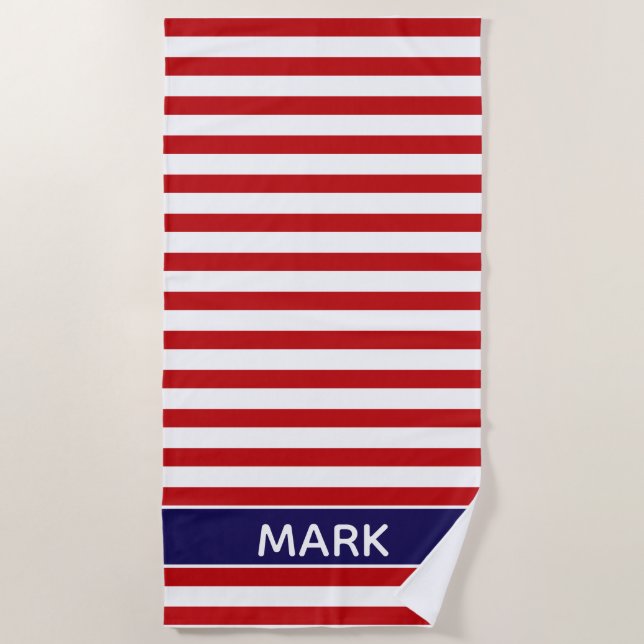 Personalized  Blue Red And White Cabana Stripe Beach Towel (Front)