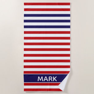 Personalized Blue Red And White Multi Stripe Beach Towel