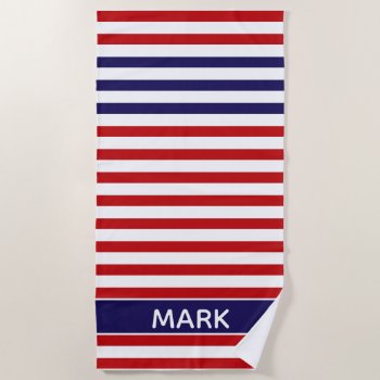Personalized  Blue Red And White Multi Stripe Beach Towel by InTrendPatterns at Zazzle