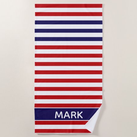Personalized  Blue Red And White Multi Stripe Beach Towel