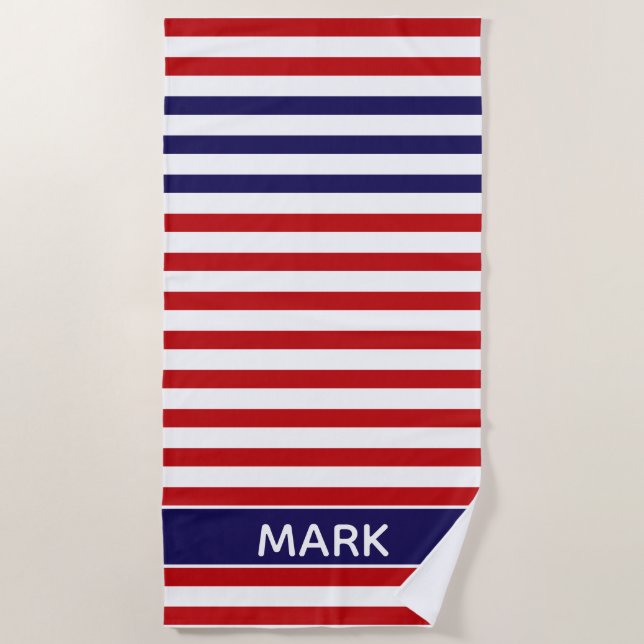 Personalized  Blue Red And White Multi Stripe Beach Towel (Front)