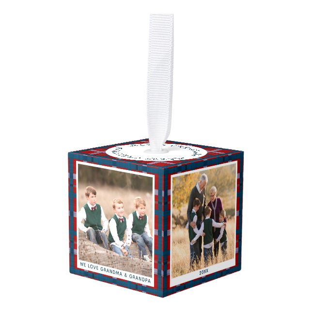 Personalized Blue Red Grandparent Christmas Photo Cube Ornament (Front Angled)