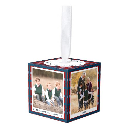 Personalized Blue Red Plaid Christmas Photo Cube Ornament