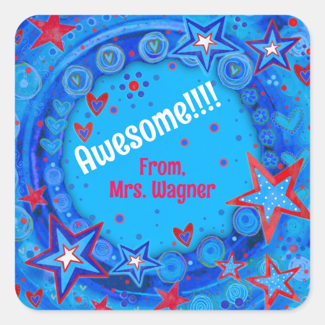 Personalized Blue Red Stars Motivational Teacher  Square Sticker (Front)