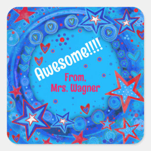 Personalized Blue Red Stars Motivational Teacher  Square Sticker