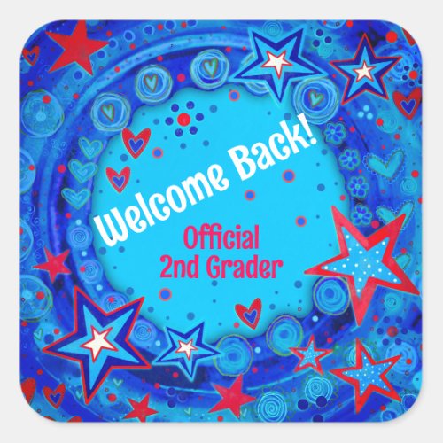Personalized Blue Red Stars Welcome Back School  Square Sticker