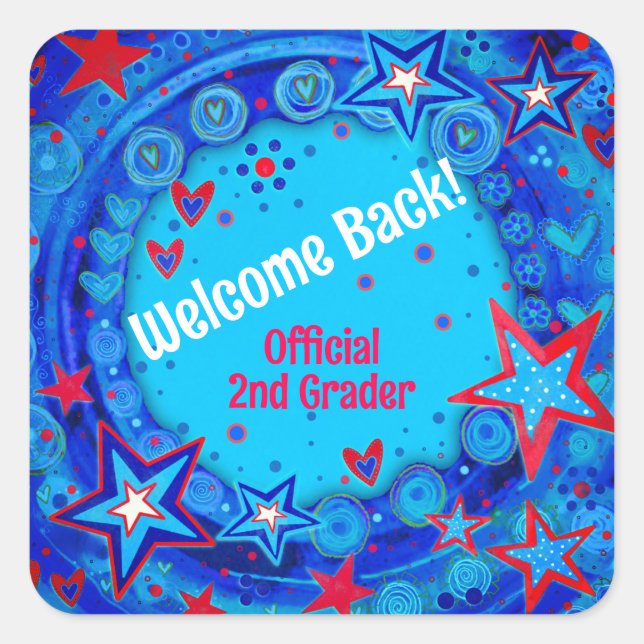 Personalized Blue Red Stars Welcome Back School  Square Sticker (Front)