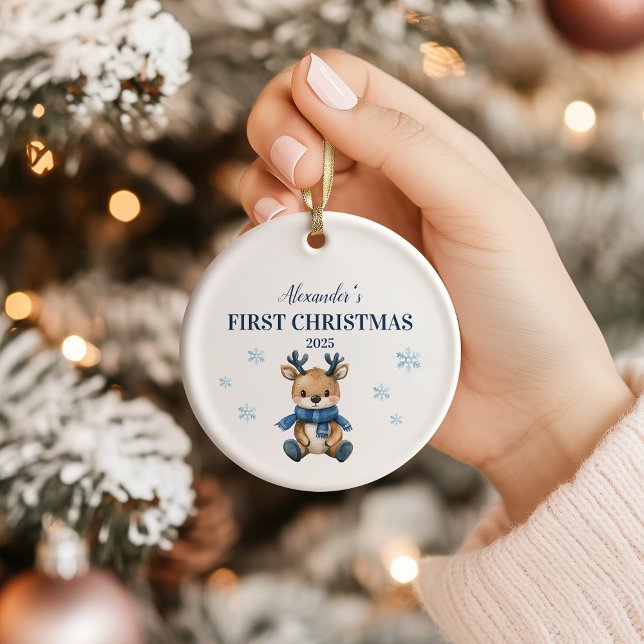 Personalized Blue Reindeer Baby  First Christmas Ceramic Ornament (Creator Uploaded)