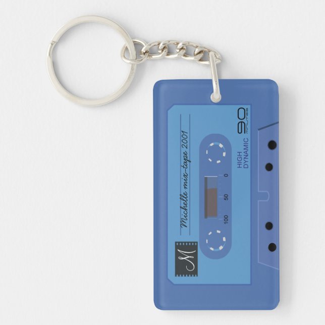 Personalized Blue retro Cassette mix-tape Keychain (Front)