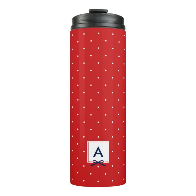 Personalized Blue Ribbon Red Polka Dot Monogram Thermal Tumbler (Front)