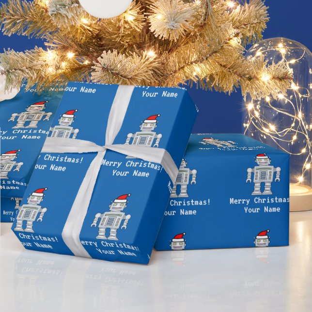Personalized blue robot Santa Claus kids Christmas Wrapping Paper (Holidays)