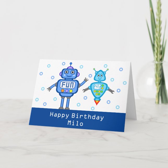 Personalized Blue Robots Happy Birthday Card (Front)