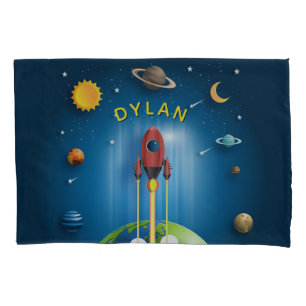 Personalized Blue Rocket Ship Boy's Pillow Case