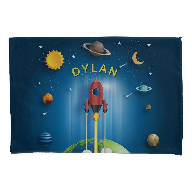 Personalized Blue Rocket Ship Pillow Case (Front)